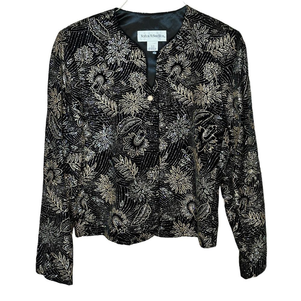 VTG Norton McNaughton Blazer Jacket Black Velvet Floral Ornate‎ Stitch Sz 12 USA